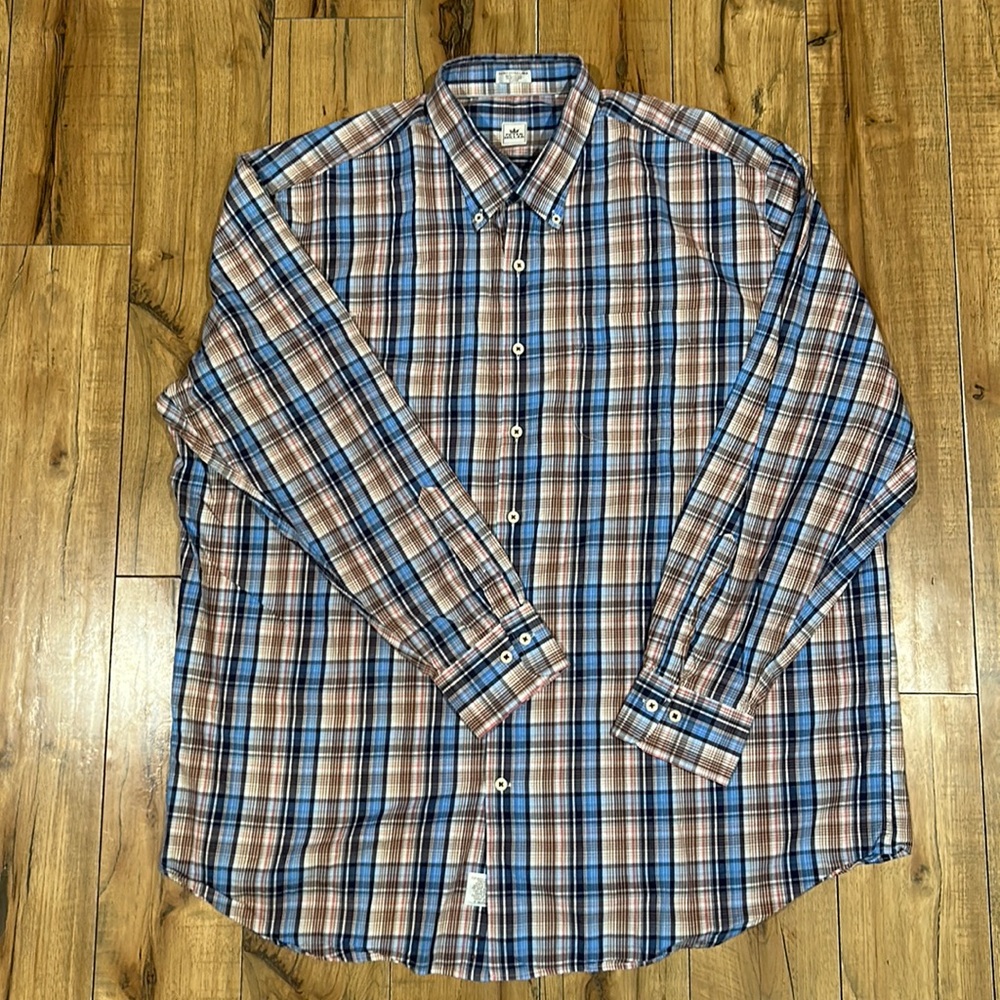 Peter Millar Shirt Button Down Dress Long Sleeve Plaid XXL Brown/Blue